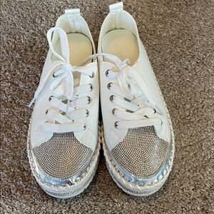 White Lace-up Women's Sneakers with Rhinestone Details
